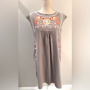 Pin striped embroidered shift dress.